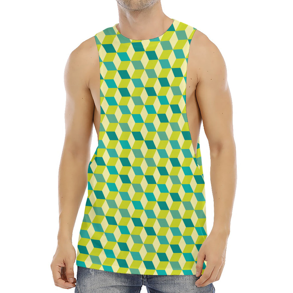 Green Geometric Cube Shape Pattern Print Men's Muscle Tank Top