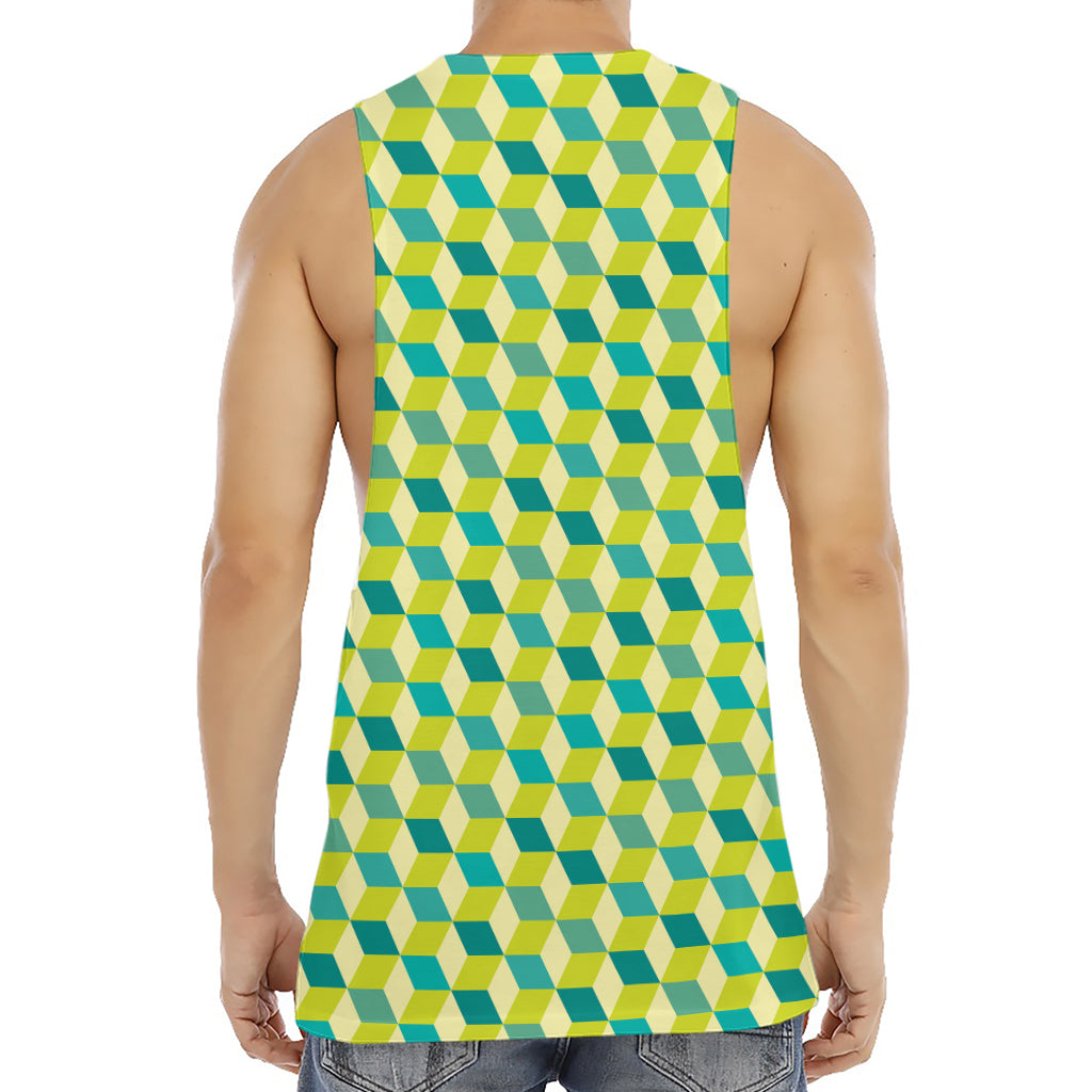 Green Geometric Cube Shape Pattern Print Men's Muscle Tank Top