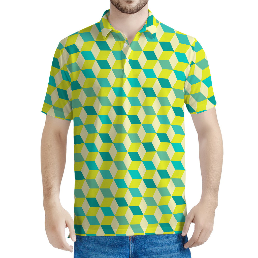 Green Geometric Cube Shape Pattern Print Men's Polo Shirt