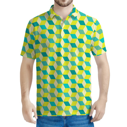 Green Geometric Cube Shape Pattern Print Men's Polo Shirt