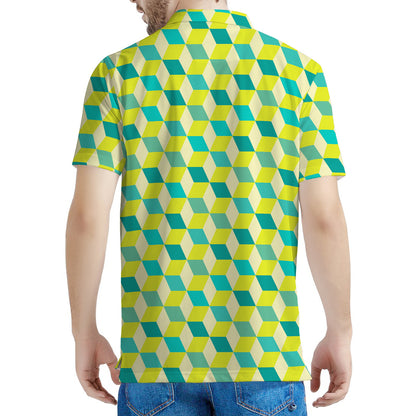 Green Geometric Cube Shape Pattern Print Men's Polo Shirt