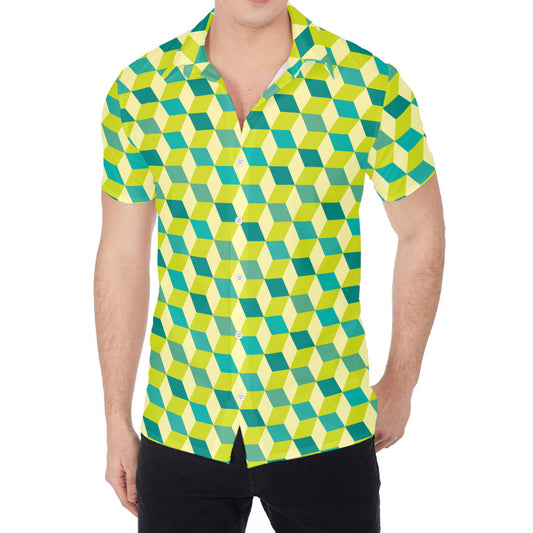 Green Geometric Cube Shape Pattern Print Men's Shirt