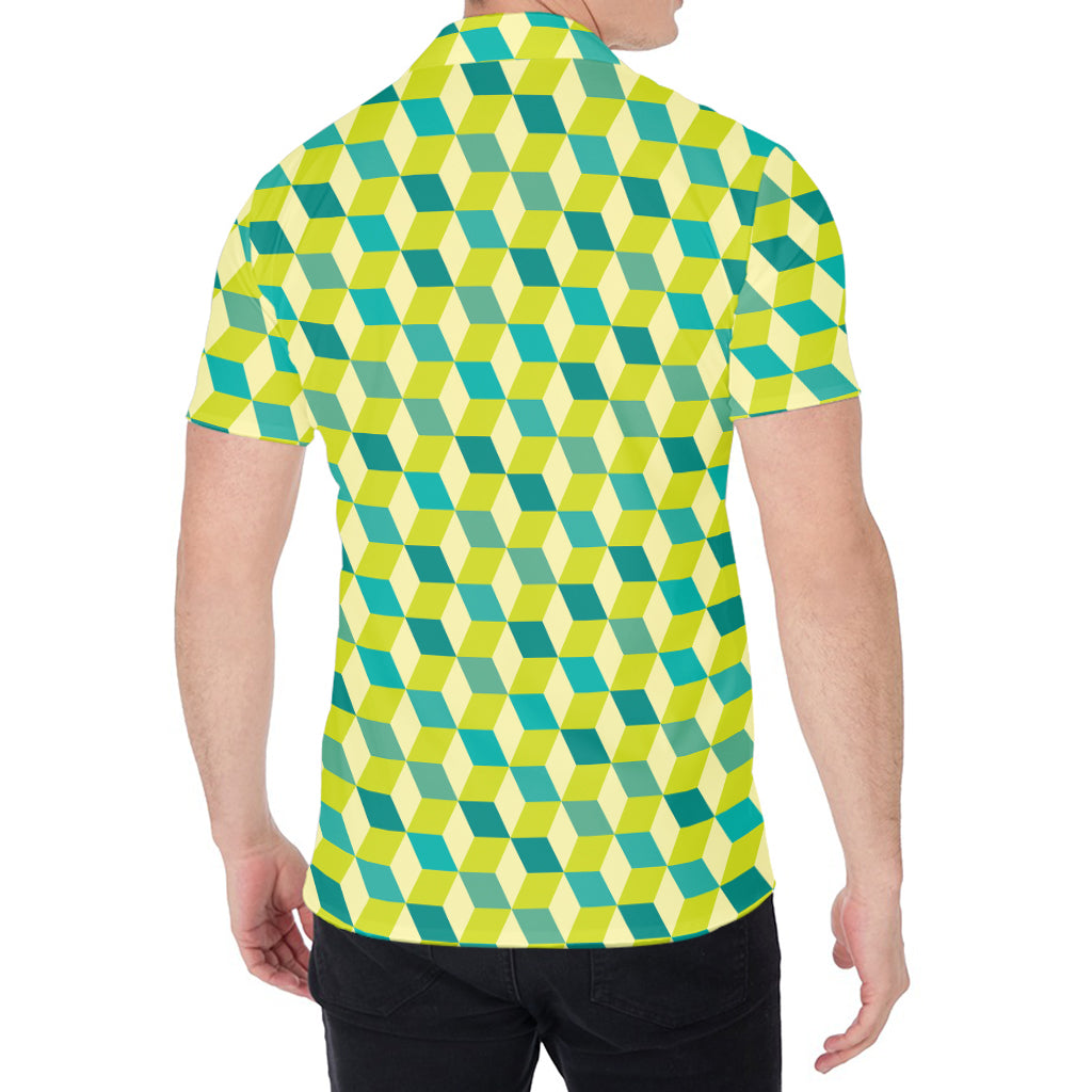 Green Geometric Cube Shape Pattern Print Men's Shirt