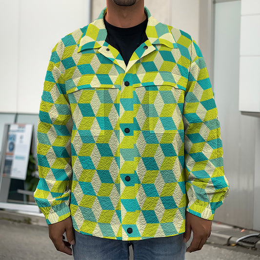 Green Geometric Cube Shape Pattern Print Men's Shirt Jacket