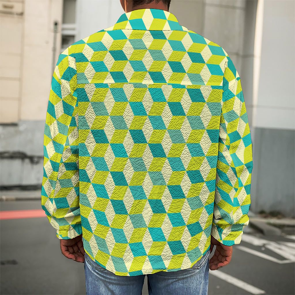 Green Geometric Cube Shape Pattern Print Men's Shirt Jacket