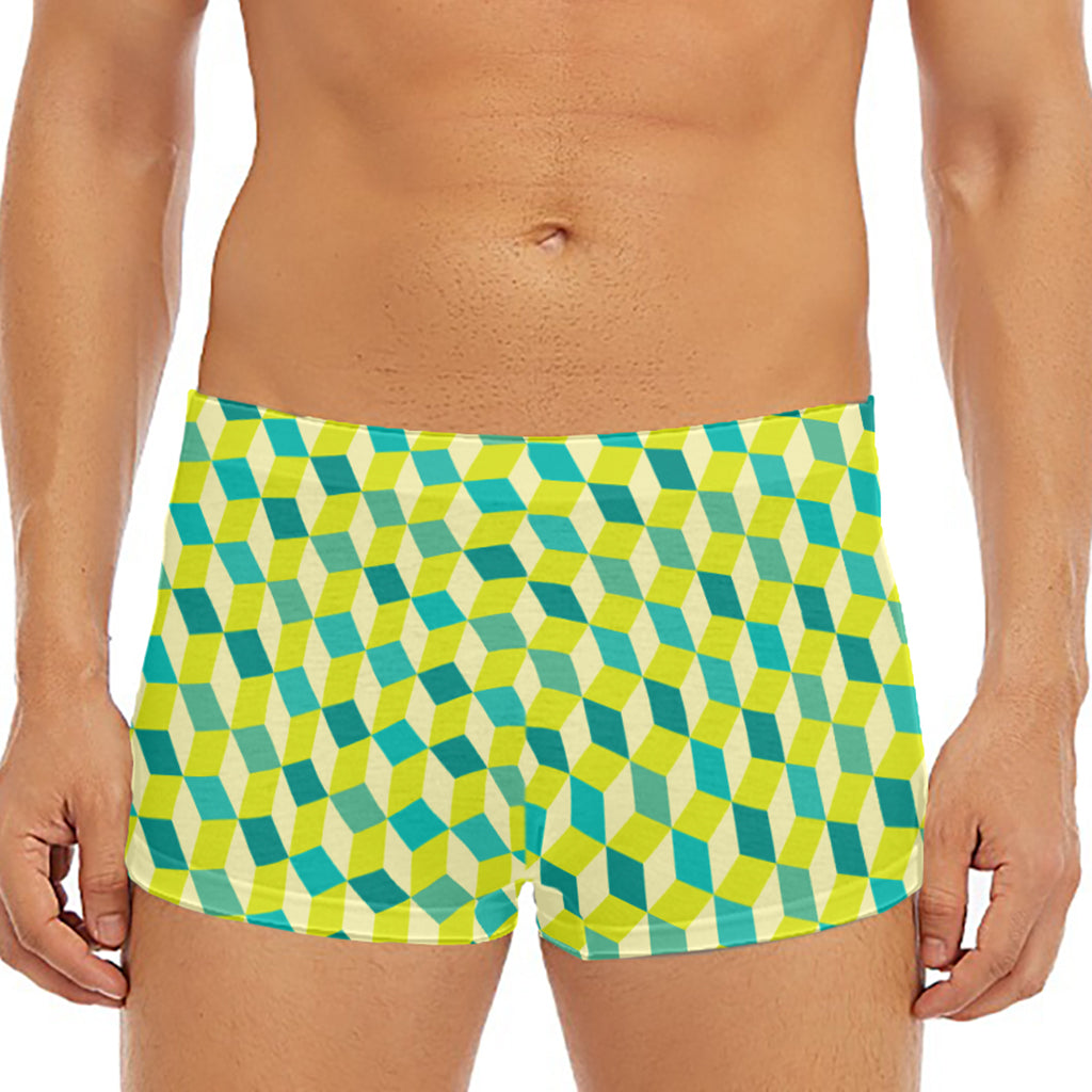 Green Geometric Cube Shape Pattern Print Men's Short Boxer Briefs