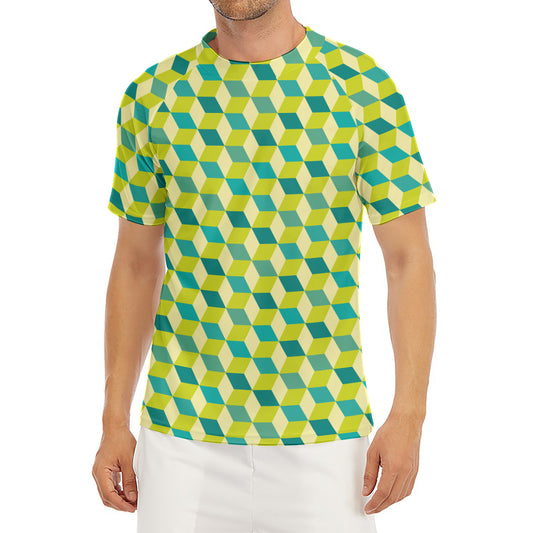 Green Geometric Cube Shape Pattern Print Men's Short Sleeve Rash Guard