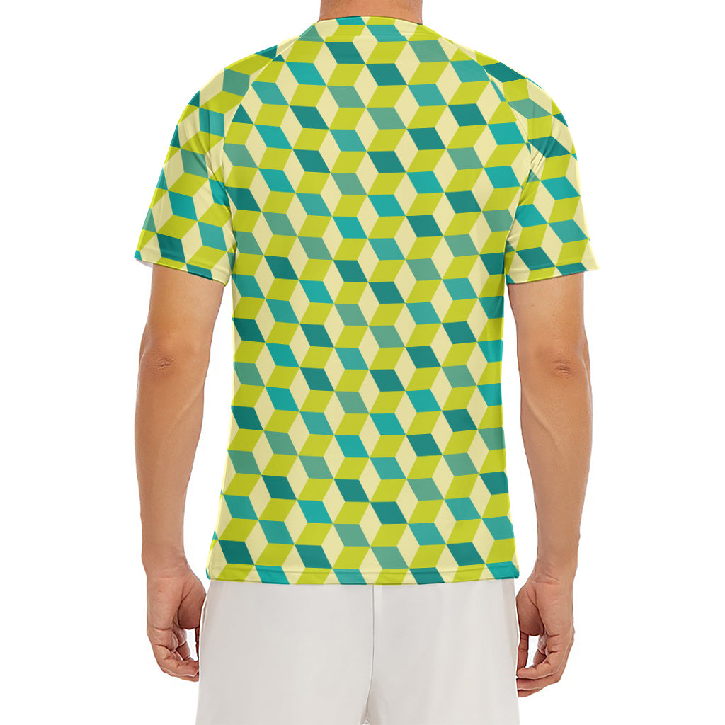 Green Geometric Cube Shape Pattern Print Men's Short Sleeve Rash Guard