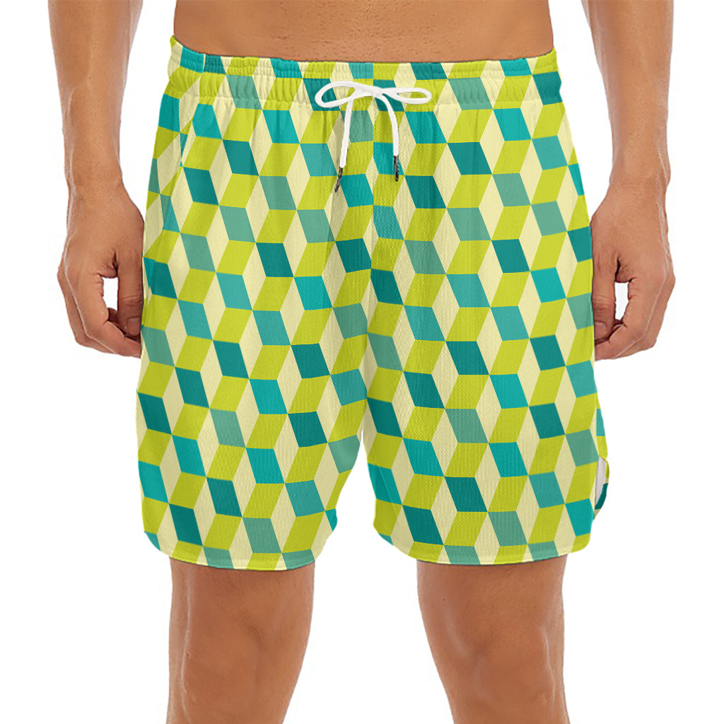 Green Geometric Cube Shape Pattern Print Men's Split Running Shorts