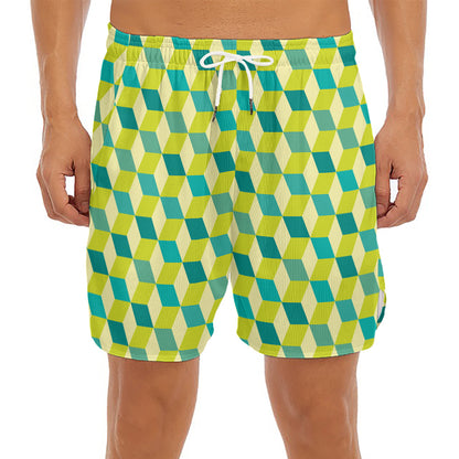 Green Geometric Cube Shape Pattern Print Men's Split Running Shorts
