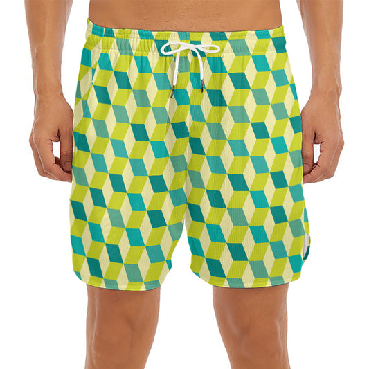 Green Geometric Cube Shape Pattern Print Men's Split Running Shorts