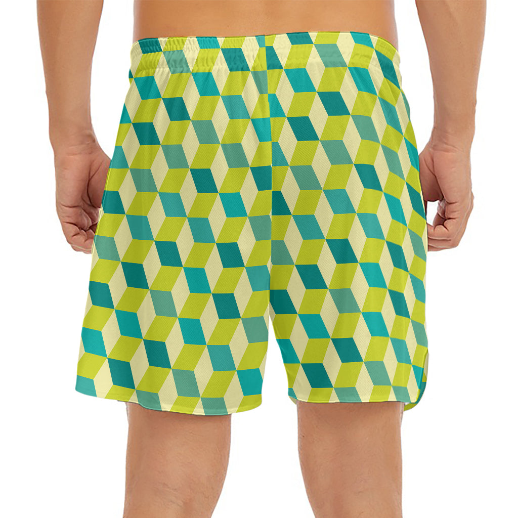 Green Geometric Cube Shape Pattern Print Men's Split Running Shorts