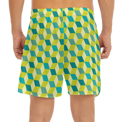 Green Geometric Cube Shape Pattern Print Men's Split Running Shorts