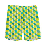 Green Geometric Cube Shape Pattern Print Men's Sports Shorts