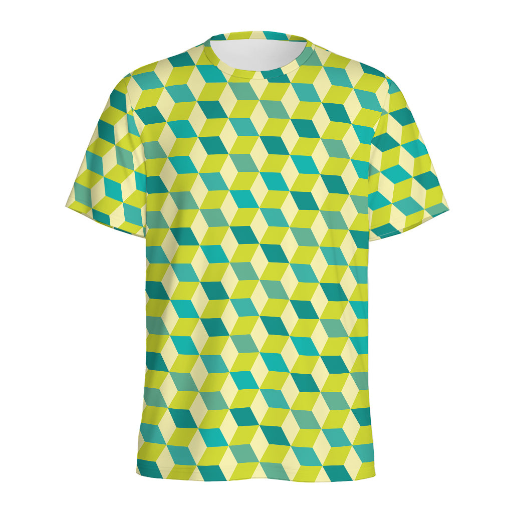 Green Geometric Cube Shape Pattern Print Men's Sports T-Shirt
