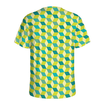 Green Geometric Cube Shape Pattern Print Men's Sports T-Shirt