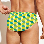 Green Geometric Cube Shape Pattern Print Men's Swim Briefs