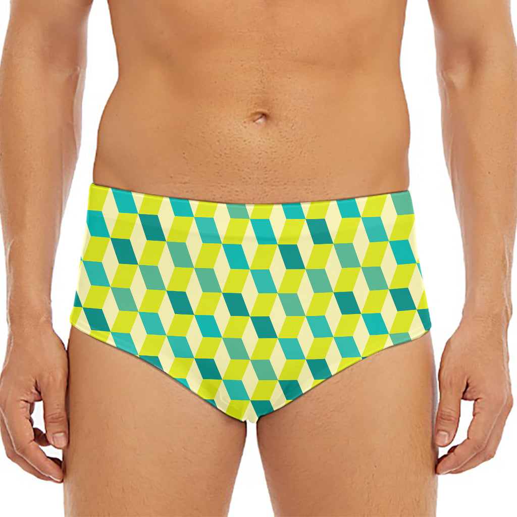Green Geometric Cube Shape Pattern Print Men's Triangle Swim Briefs