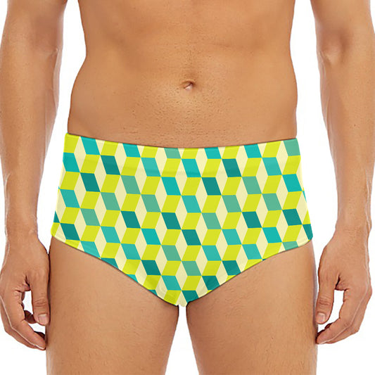 Green Geometric Cube Shape Pattern Print Men's Triangle Swim Briefs
