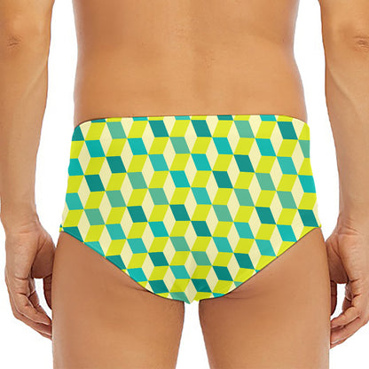 Green Geometric Cube Shape Pattern Print Men's Triangle Swim Briefs