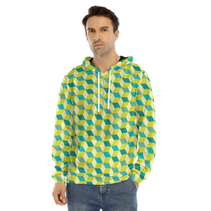 Green Geometric Cube Shape Pattern Print Men's Velvet Pullover Hoodie