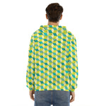 Green Geometric Cube Shape Pattern Print Men's Velvet Pullover Hoodie