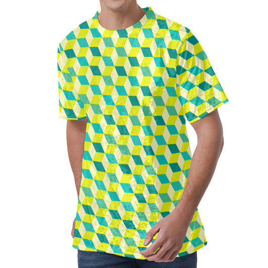 Green Geometric Cube Shape Pattern Print Men's Velvet T-Shirt