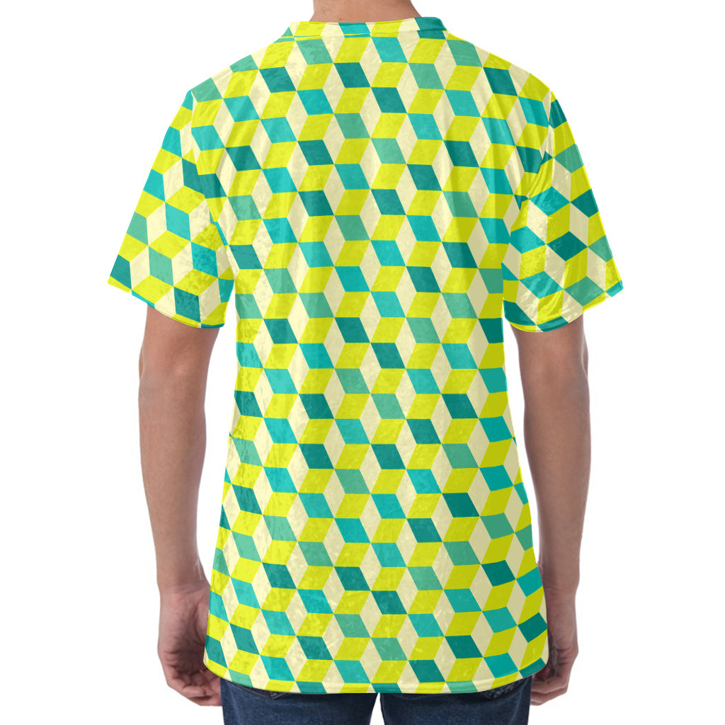 Green Geometric Cube Shape Pattern Print Men's Velvet T-Shirt