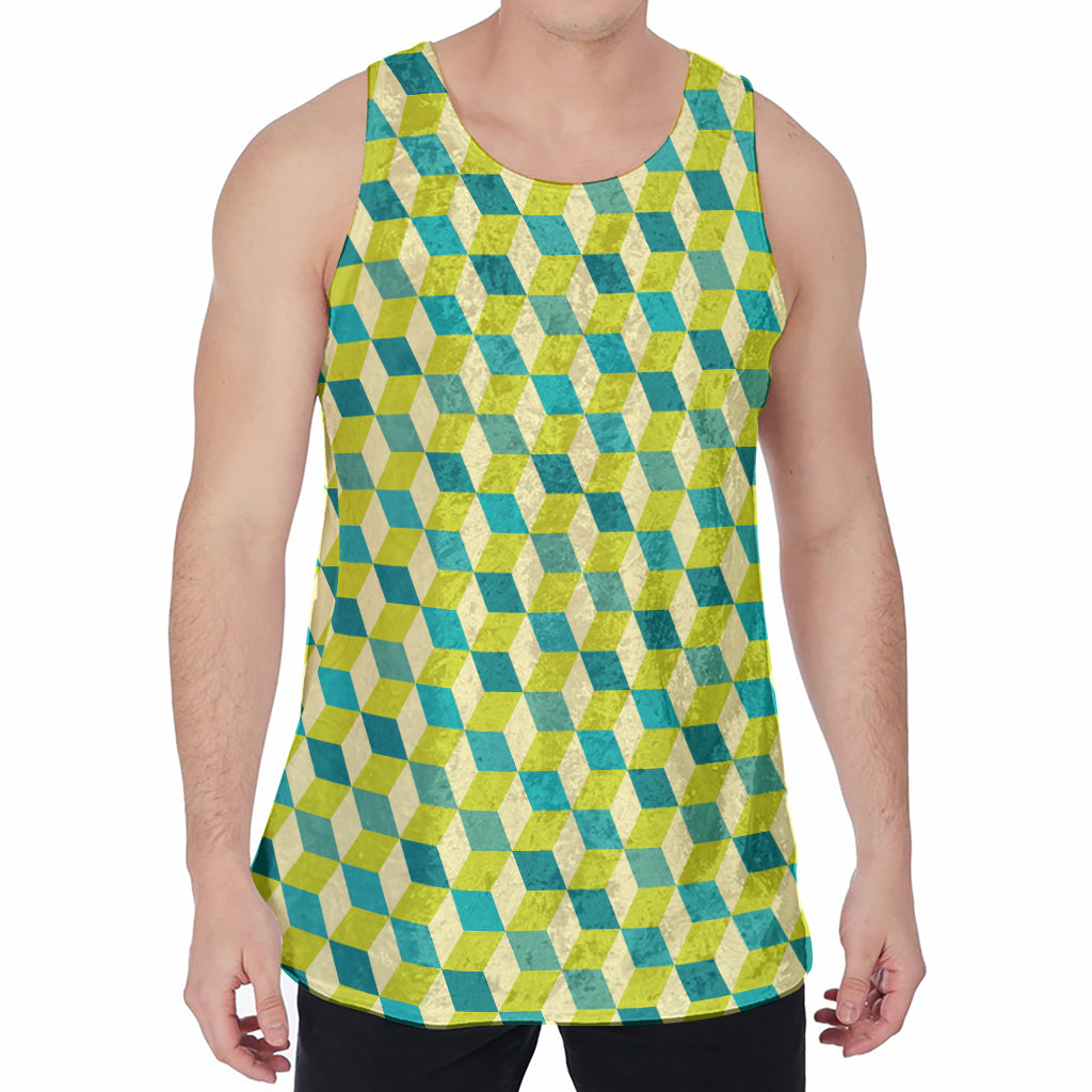 Green Geometric Cube Shape Pattern Print Men's Velvet Tank Top