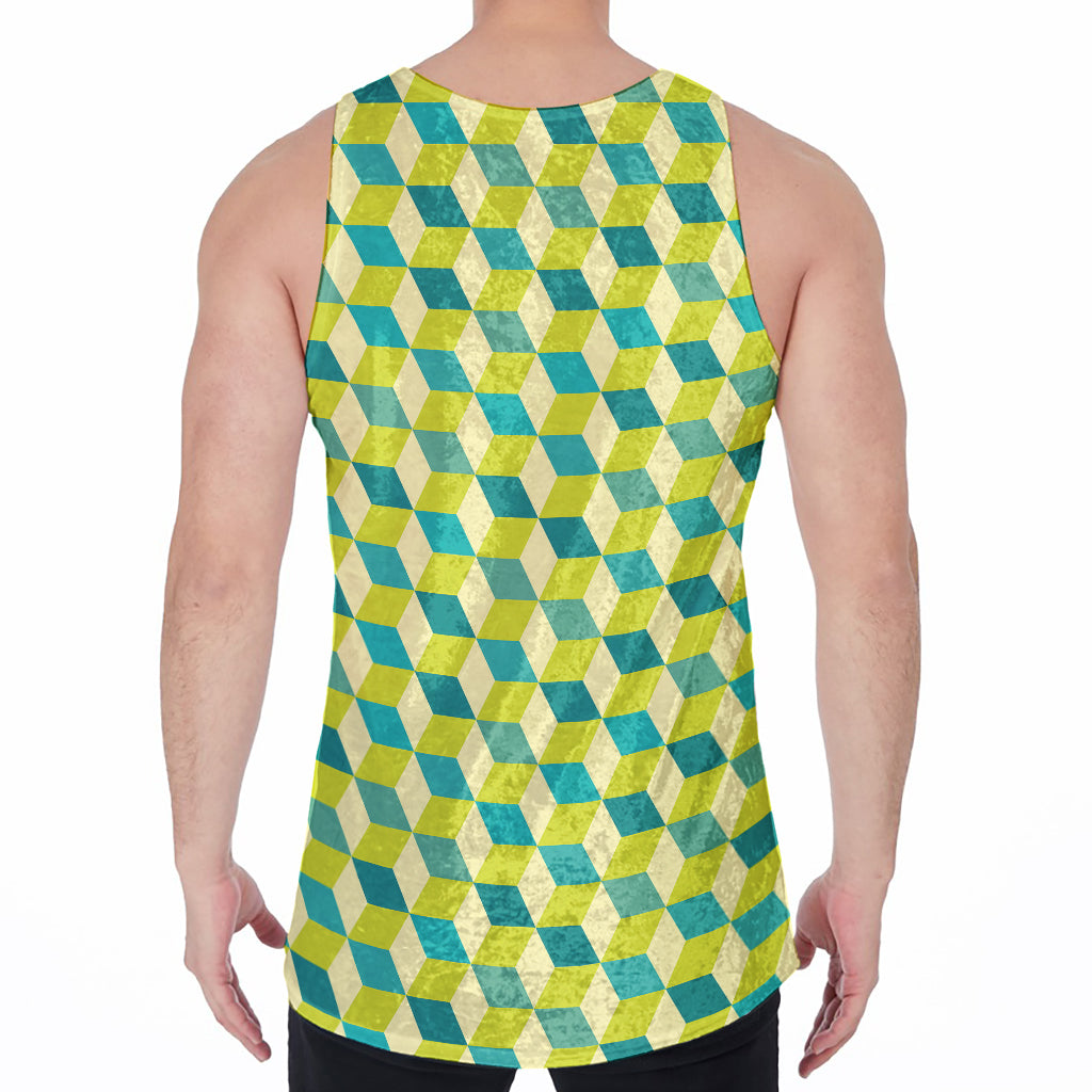 Green Geometric Cube Shape Pattern Print Men's Velvet Tank Top