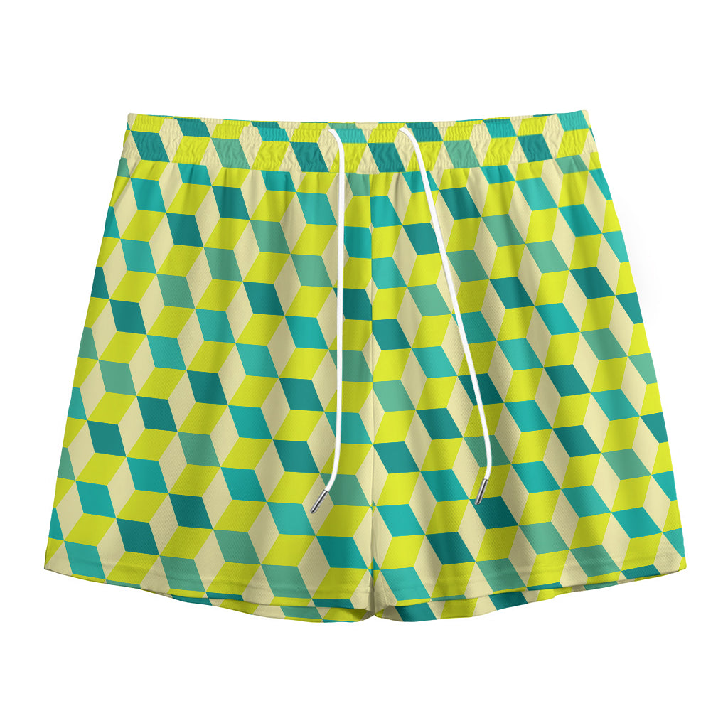 Green Geometric Cube Shape Pattern Print Mesh Shorts