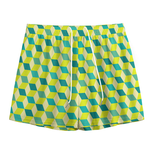 Green Geometric Cube Shape Pattern Print Mesh Shorts