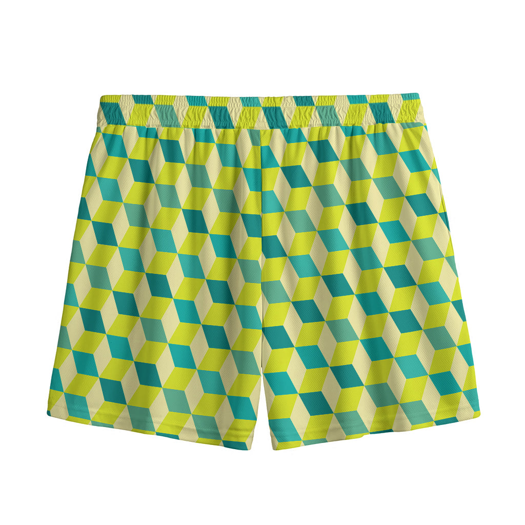 Green Geometric Cube Shape Pattern Print Mesh Shorts