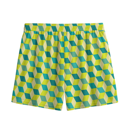 Green Geometric Cube Shape Pattern Print Mesh Shorts