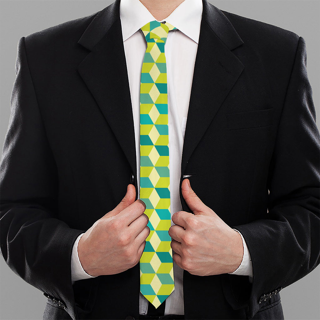 Green Geometric Cube Shape Pattern Print Necktie