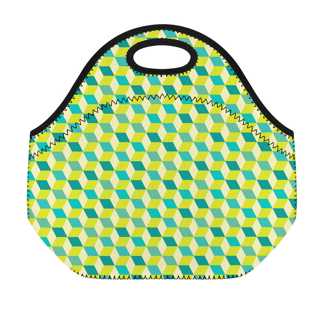 Green Geometric Cube Shape Pattern Print Neoprene Lunch Bag
