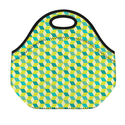 Green Geometric Cube Shape Pattern Print Neoprene Lunch Bag