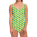 Green Geometric Cube Shape Pattern Print One Piece Swimsuit