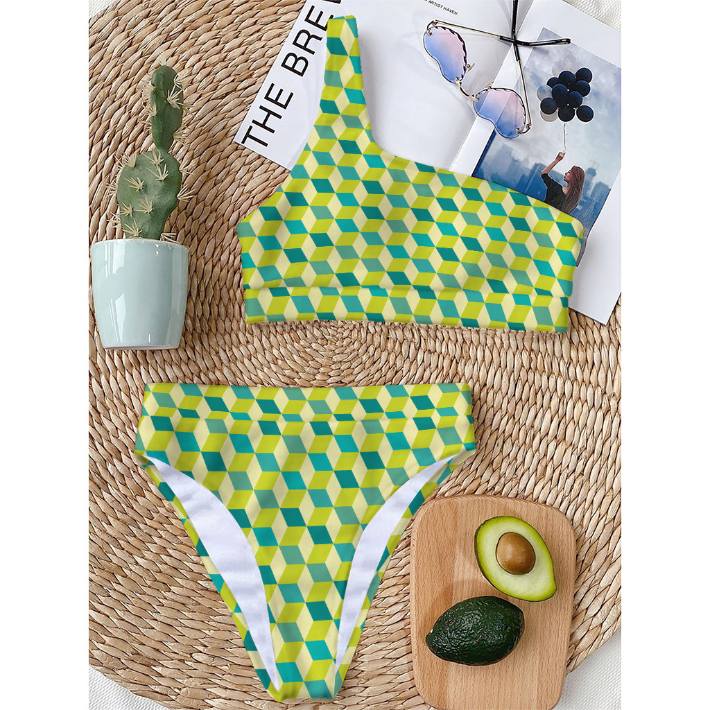 Green Geometric Cube Shape Pattern Print One Shoulder Bikini Top