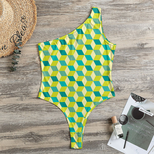 Green Geometric Cube Shape Pattern Print One Shoulder Bodysuit