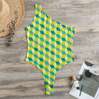 Green Geometric Cube Shape Pattern Print One Shoulder Bodysuit