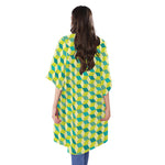 Green Geometric Cube Shape Pattern Print Open Front Beach Cover Up
