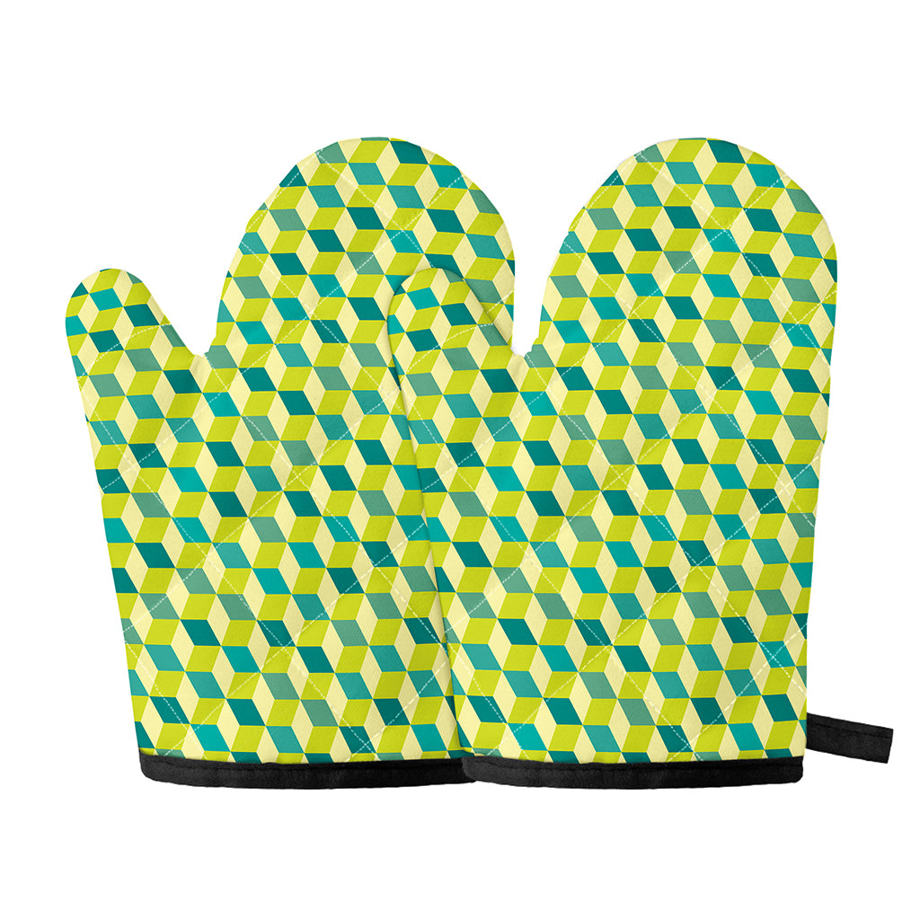 Green Geometric Cube Shape Pattern Print Oven Mitts