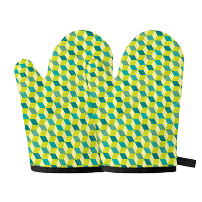 Green Geometric Cube Shape Pattern Print Oven Mitts