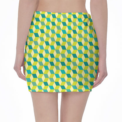 Green Geometric Cube Shape Pattern Print Pencil Mini Skirt