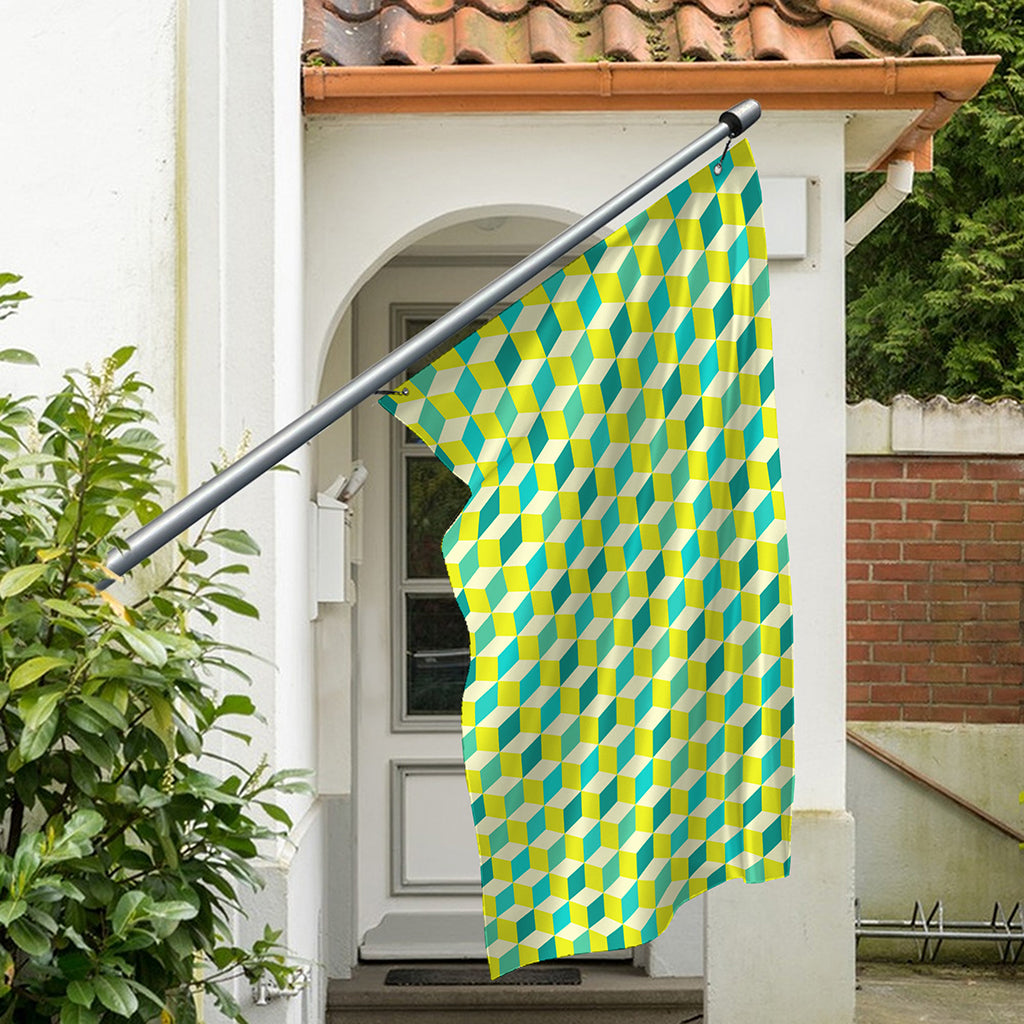 Green Geometric Cube Shape Pattern Print Polyester Flag