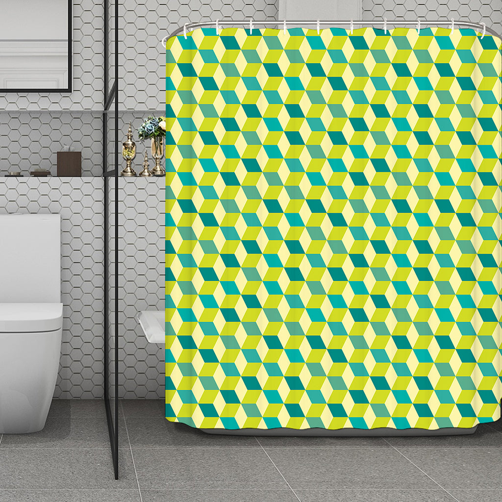 Green Geometric Cube Shape Pattern Print Polyester Shower Curtain