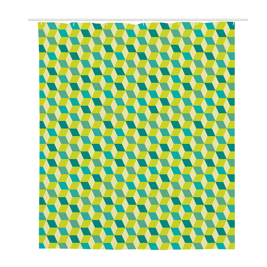 Green Geometric Cube Shape Pattern Print Polyester Shower Curtain
