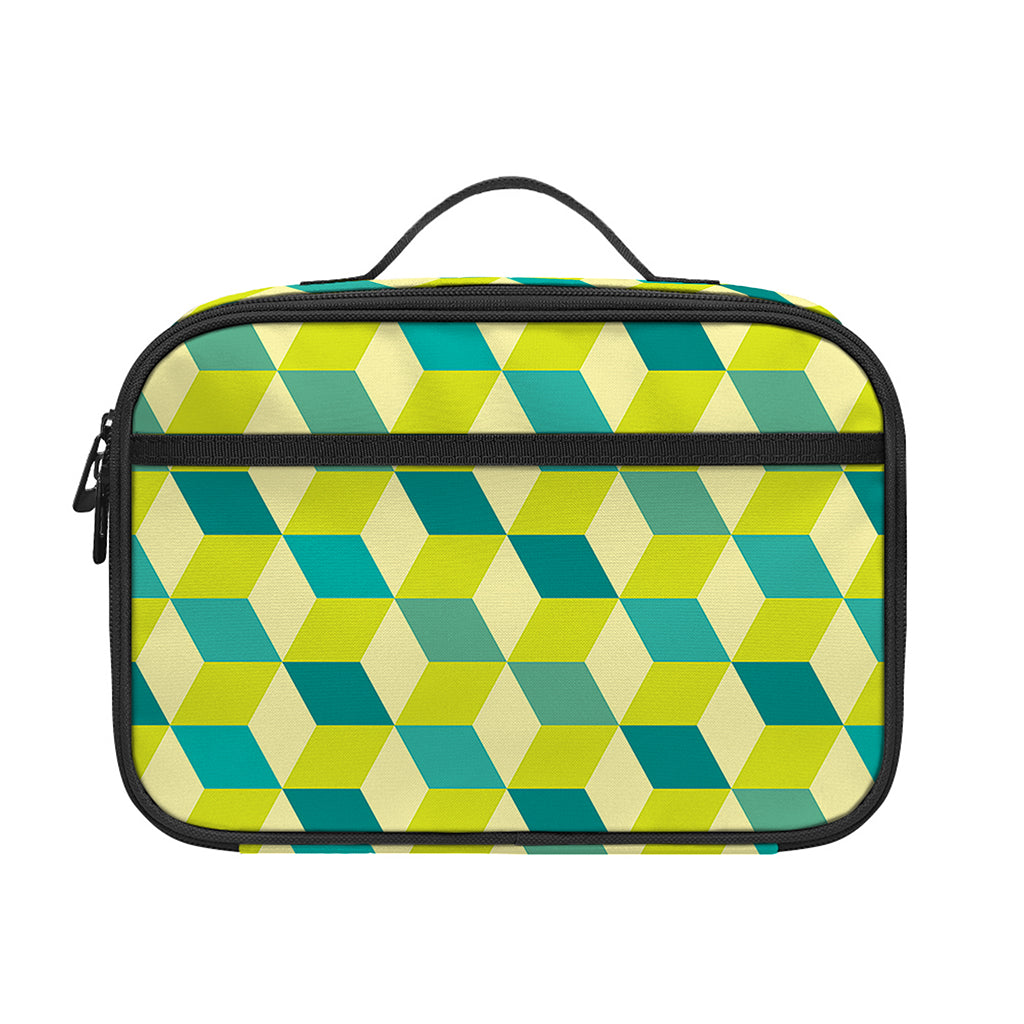 Green Geometric Cube Shape Pattern Print Portable Lunch Bag