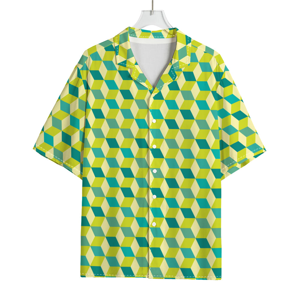 Green Geometric Cube Shape Pattern Print Rayon Hawaiian Shirt